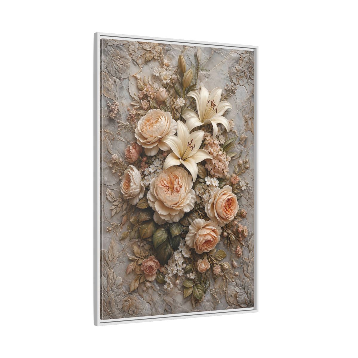 Side Mockup 7. Floral Floral Bouquet Soft Peach Grey shown as stretched canvas wall art