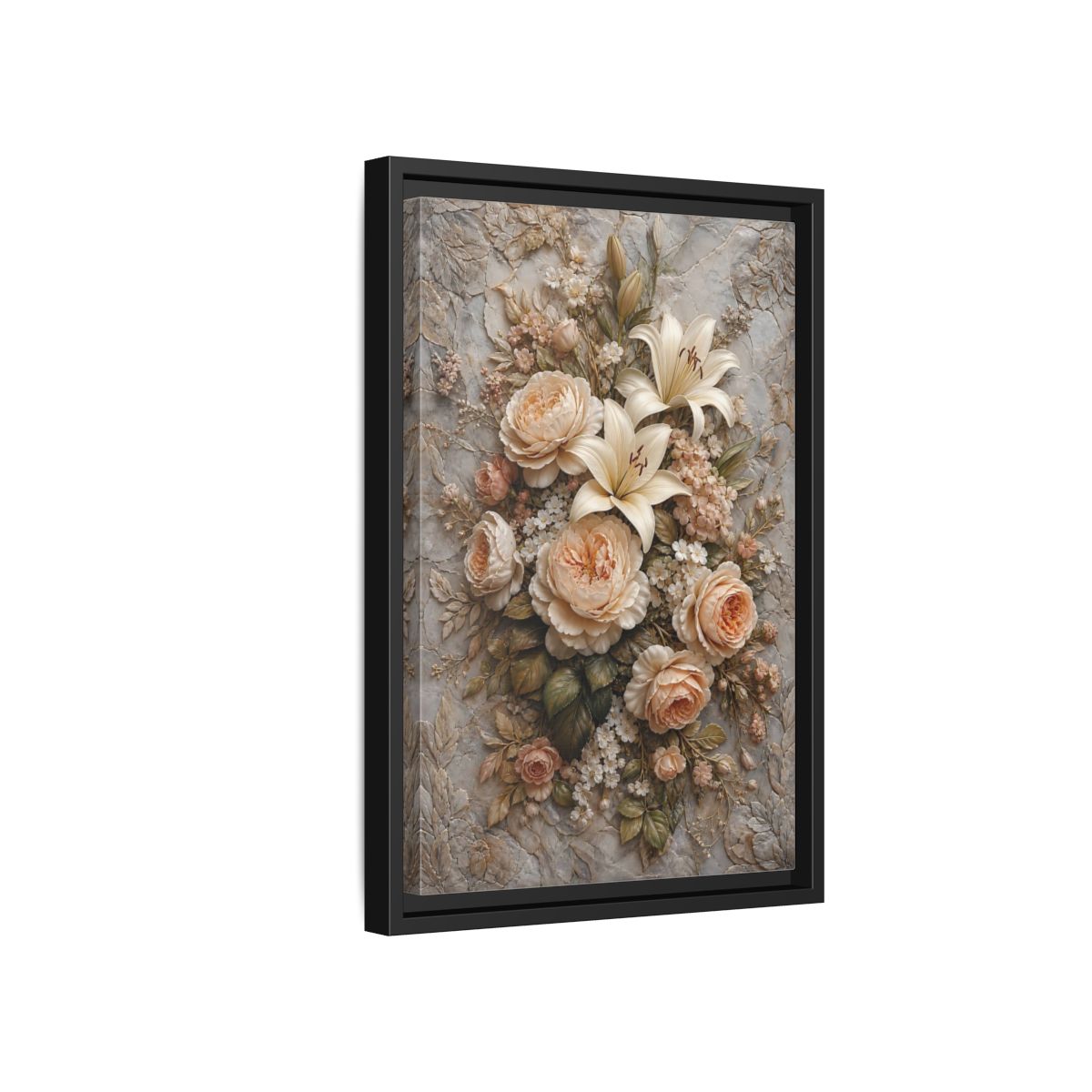 Side Mockup 6. Floral Floral Bouquet Soft Peach Grey shown as stretched canvas wall art
