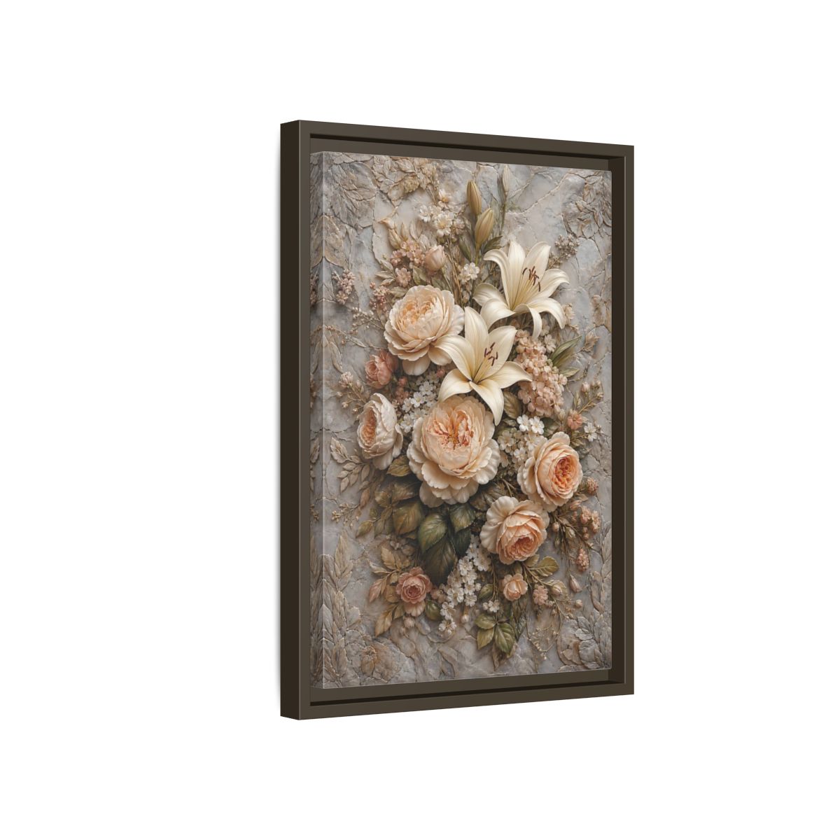 Side Mockup 5. Floral Floral Bouquet Soft Peach Grey shown as stretched canvas wall art
