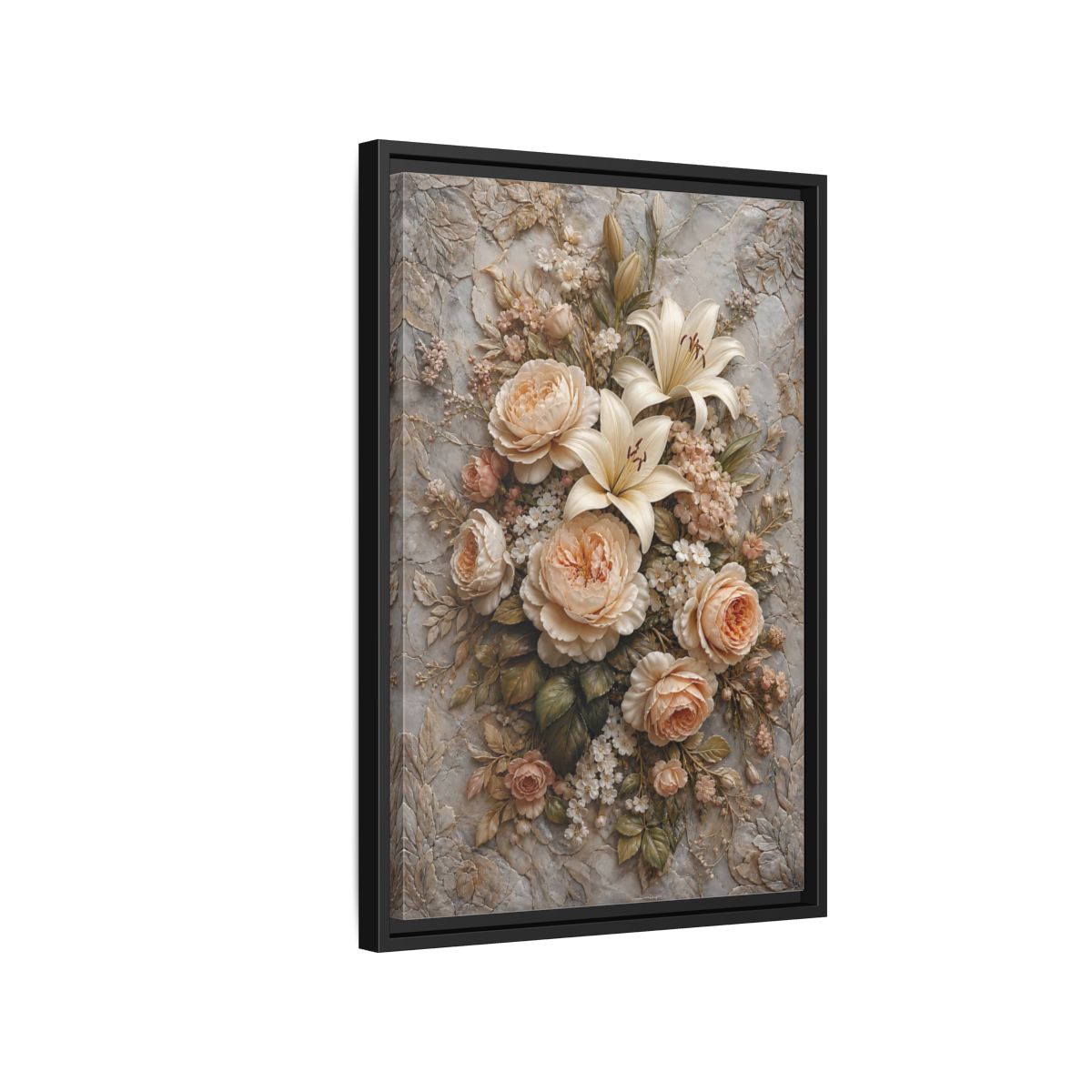 Side Mockup 3. Floral Floral Bouquet Soft Peach Grey shown as stretched canvas wall art