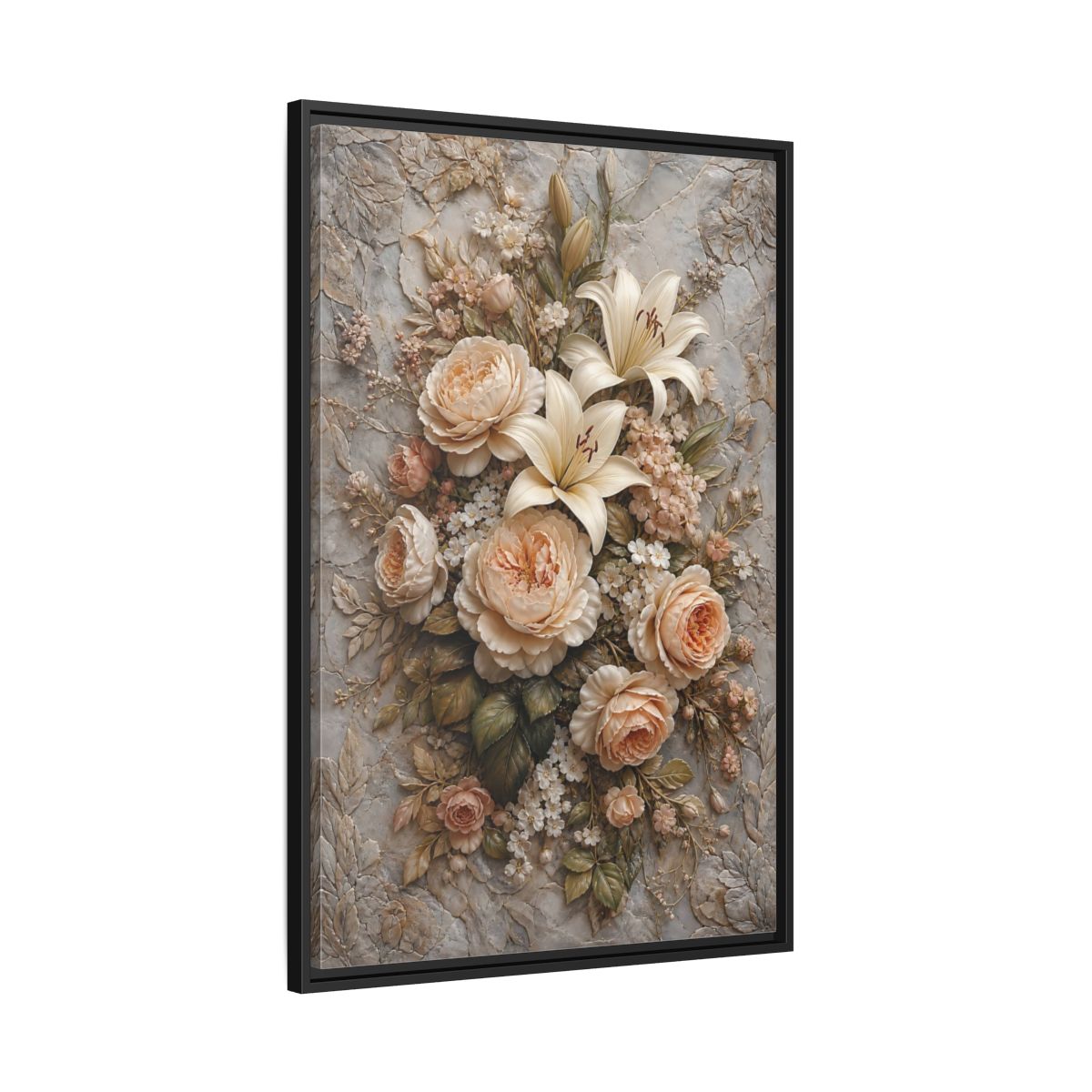 Side Mockup 13. Floral Floral Bouquet Soft Peach Grey shown as stretched canvas wall art