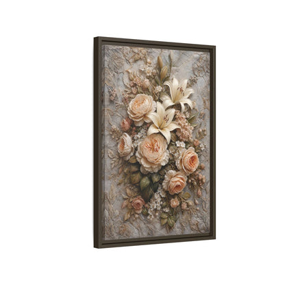 Side Mockup 2. Floral Floral Bouquet Soft Peach Grey shown as stretched canvas wall art