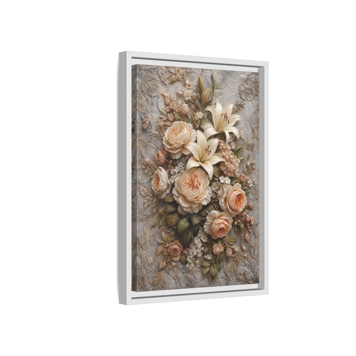 Side Mockup 4. Floral Floral Bouquet Soft Peach Grey shown as stretched canvas wall art