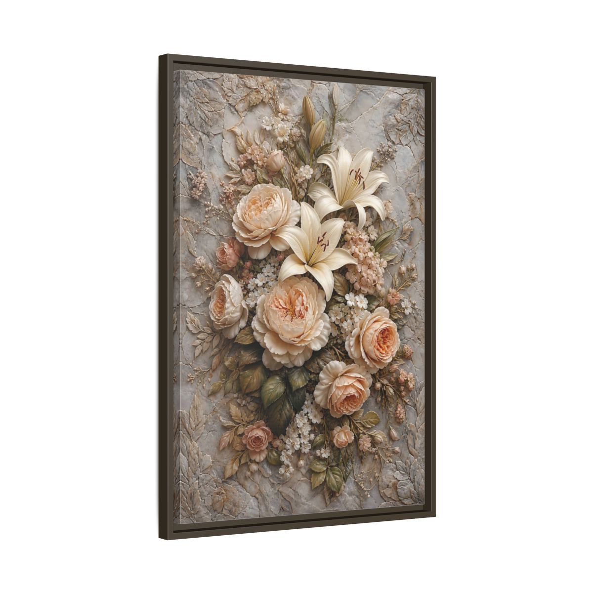 Side Mockup 11. Floral Floral Bouquet Soft Peach Grey shown as stretched canvas wall art