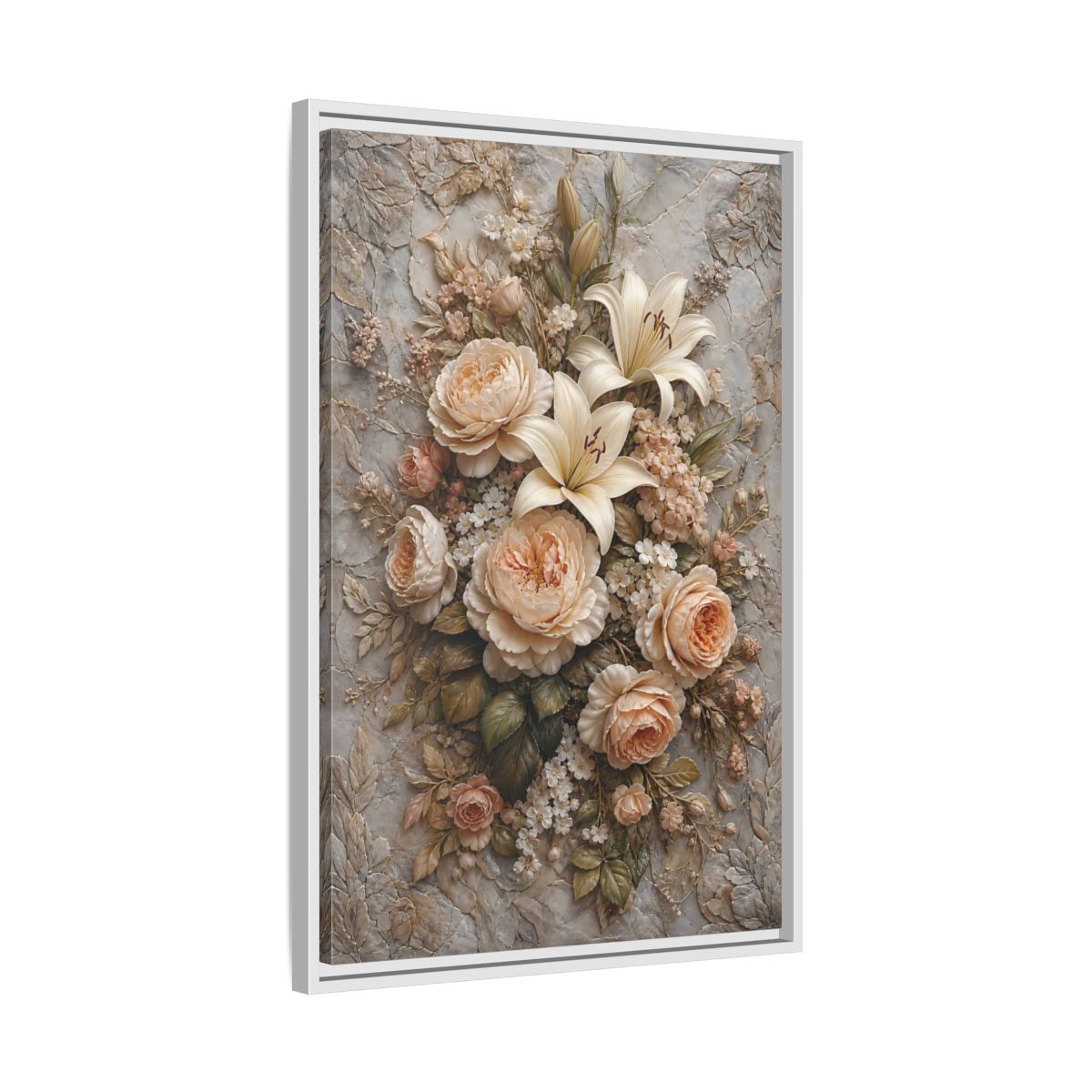 Side Mockup 10. Floral Floral Bouquet Soft Peach Grey shown as stretched canvas wall art