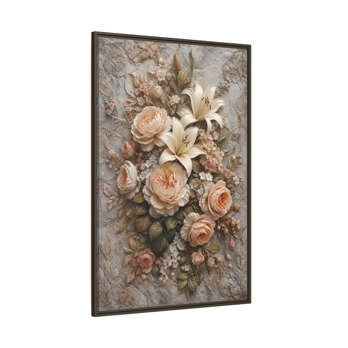 Side Mockup 8. Floral Floral Bouquet Soft Peach Grey shown as stretched canvas wall art