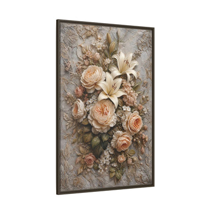 Side Mockup 8. Floral Floral Bouquet Soft Peach Grey shown as stretched canvas wall art