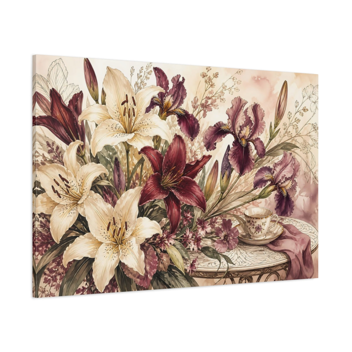 Side Mockup 1. Floral Floral Bouquet Vintage Floral Bouquet shown as stretched canvas wall art