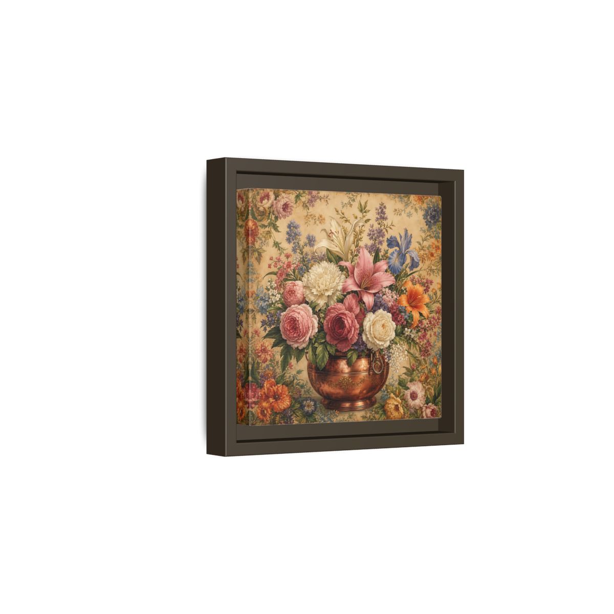 Side Mockup 2. Floral Floral Bouquet Vintage Floral Vase shown as stretched canvas wall art