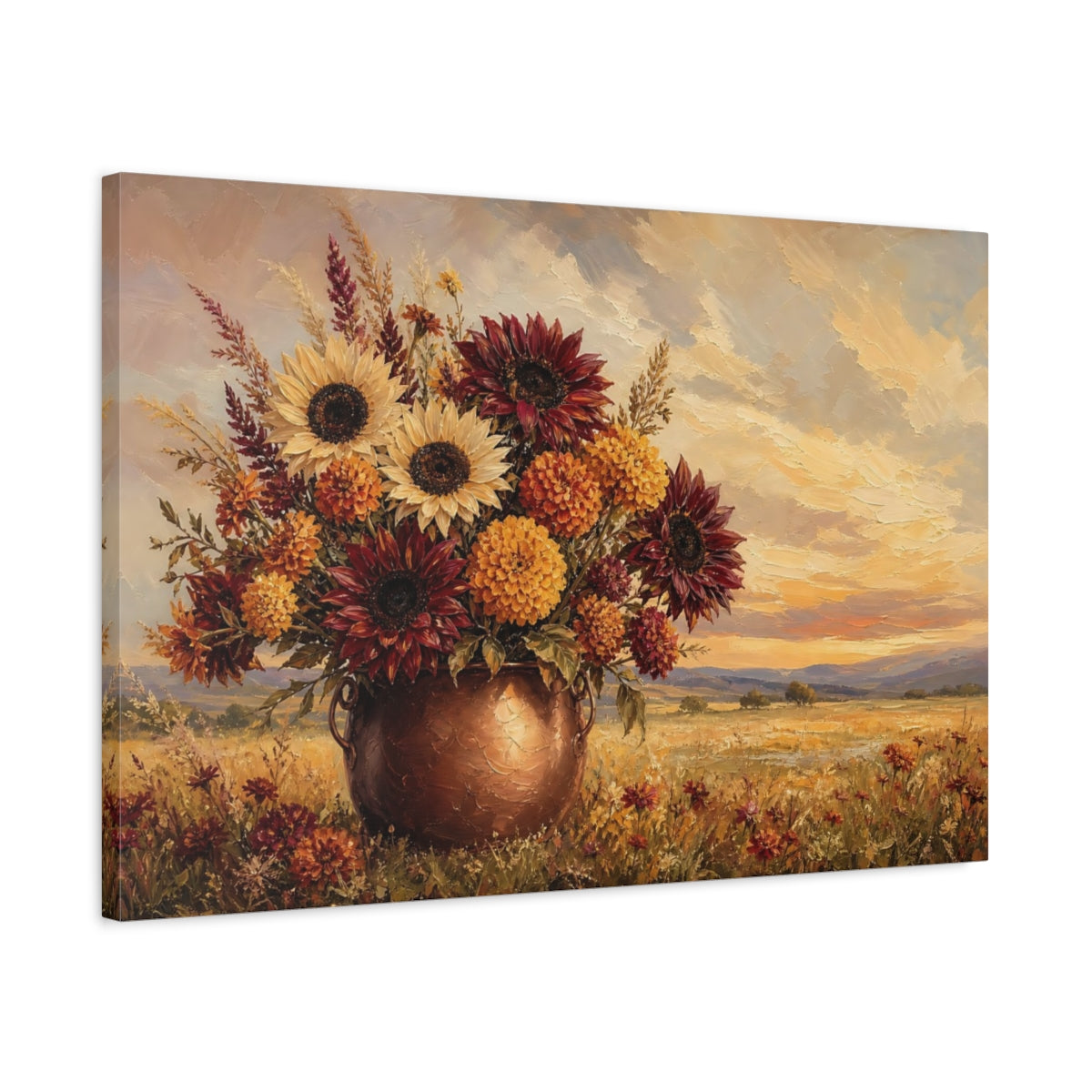 Side Mockup 2. Floral Floral Bouquet Warm Autumnal Floral shown as stretched canvas wall art