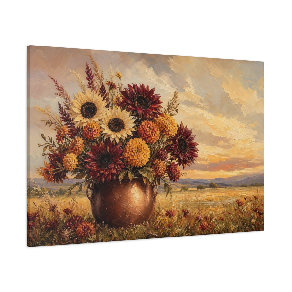 Side Mockup 1. Floral Floral Bouquet Warm Autumnal Floral shown as stretched canvas wall art