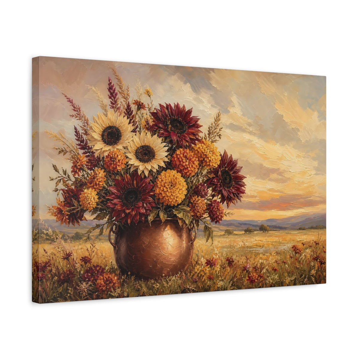 Side Mockup 3. Floral Floral Bouquet Warm Autumnal Floral shown as stretched canvas wall art
