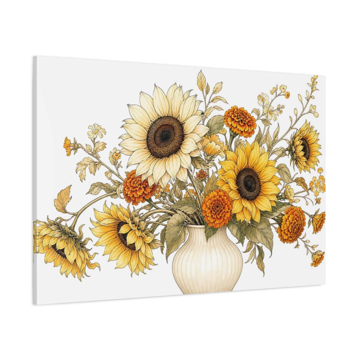 Side Mockup 1. Floral Floral Bouquet Yellow Orange Flowers shown as stretched canvas wall art
