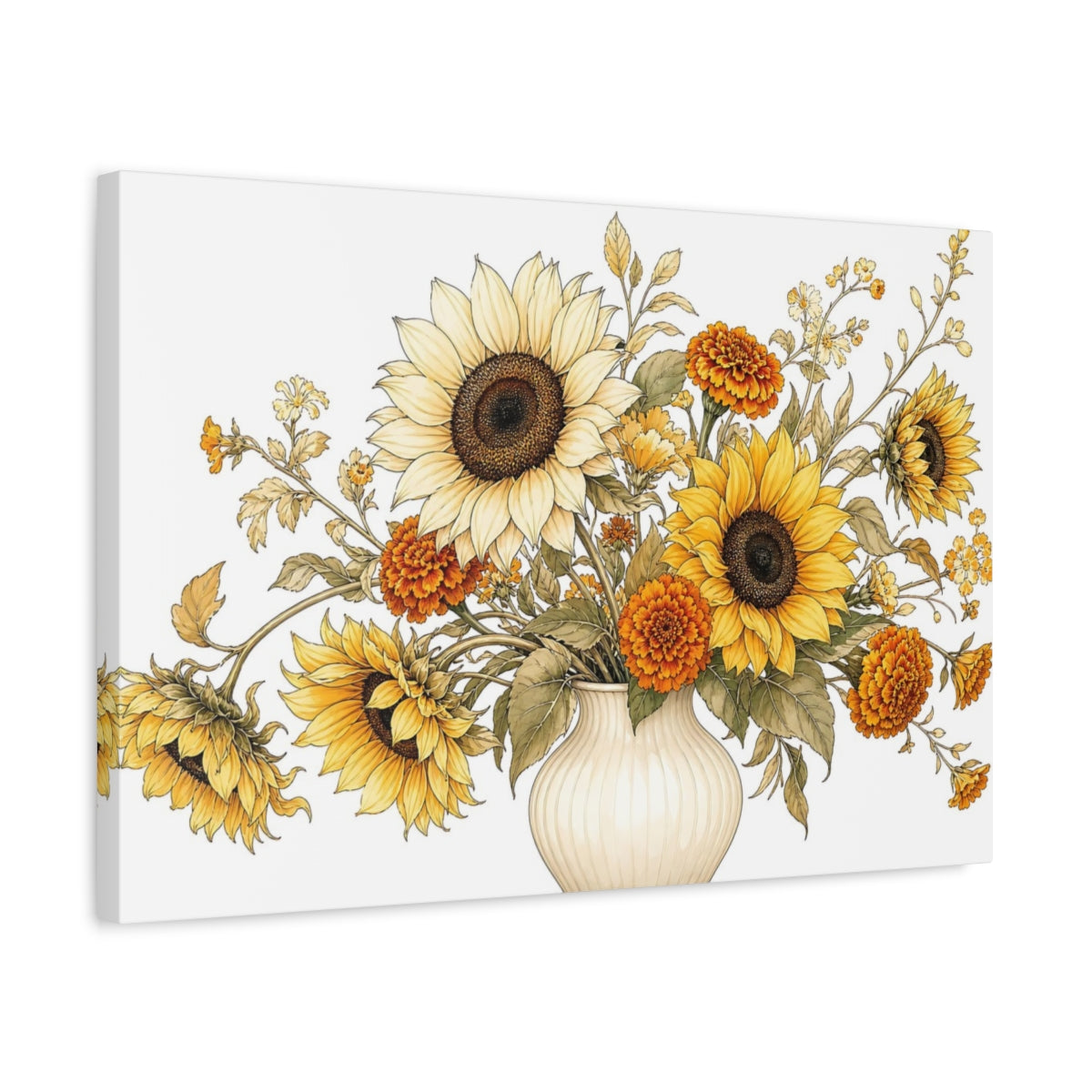 Side Mockup 3. Floral Floral Bouquet Yellow Orange Flowers shown as stretched canvas wall art