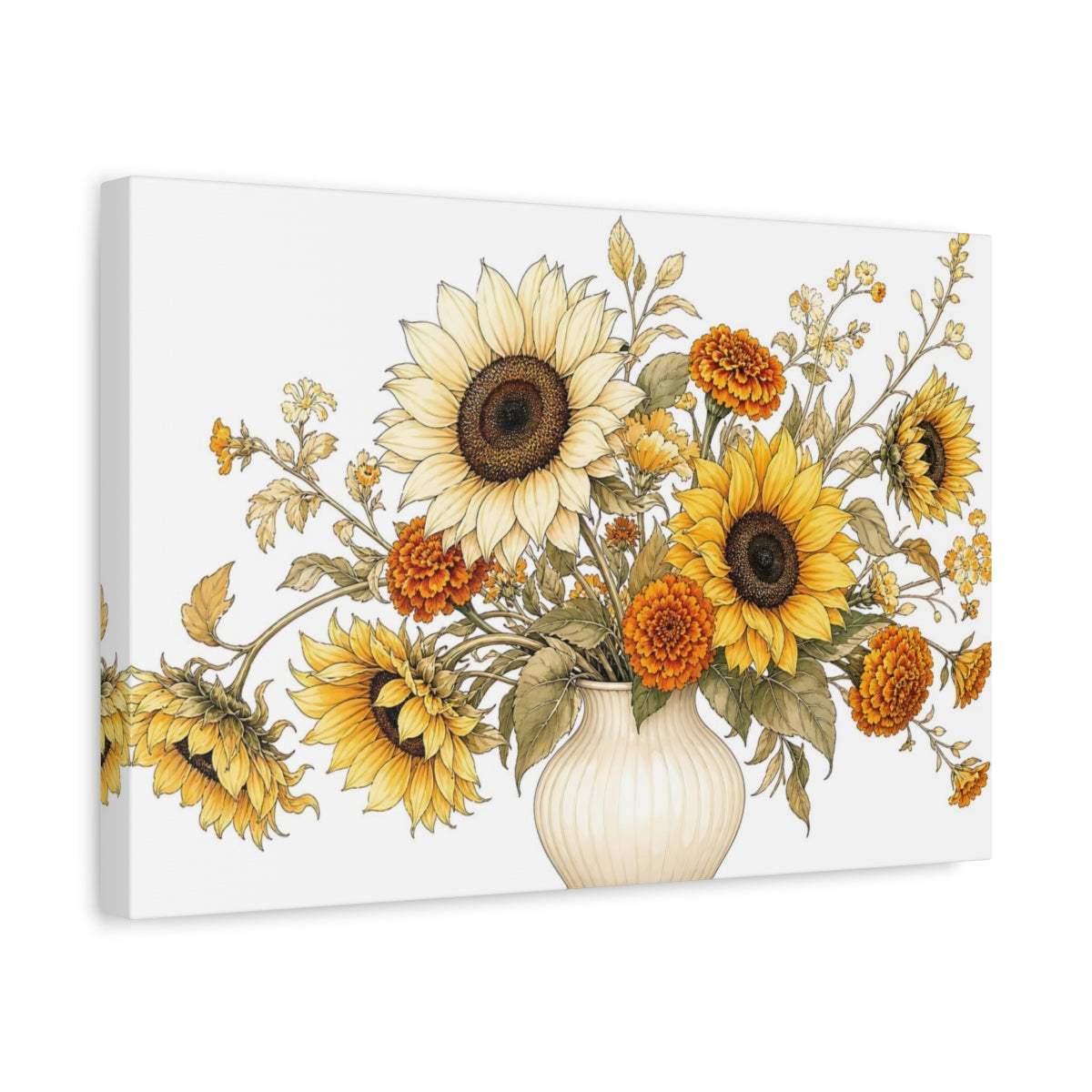Side Mockup 4. Floral Floral Bouquet Yellow Orange Flowers shown as stretched canvas wall art
