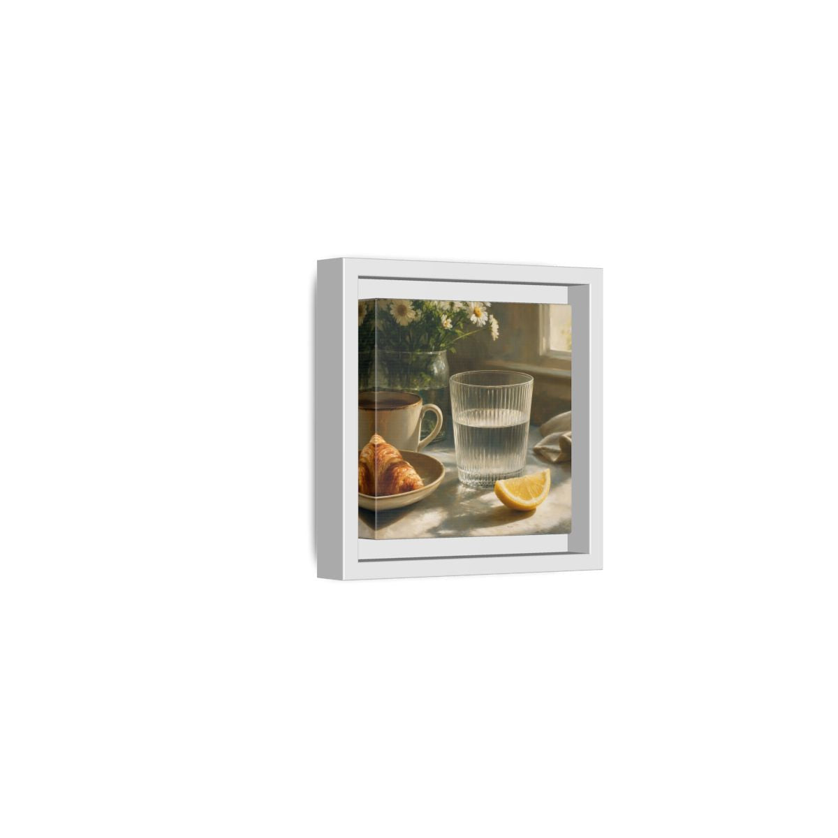 Side Mockup 22. Floral Breakfast Morning Still Life shown as stretched canvas wall art