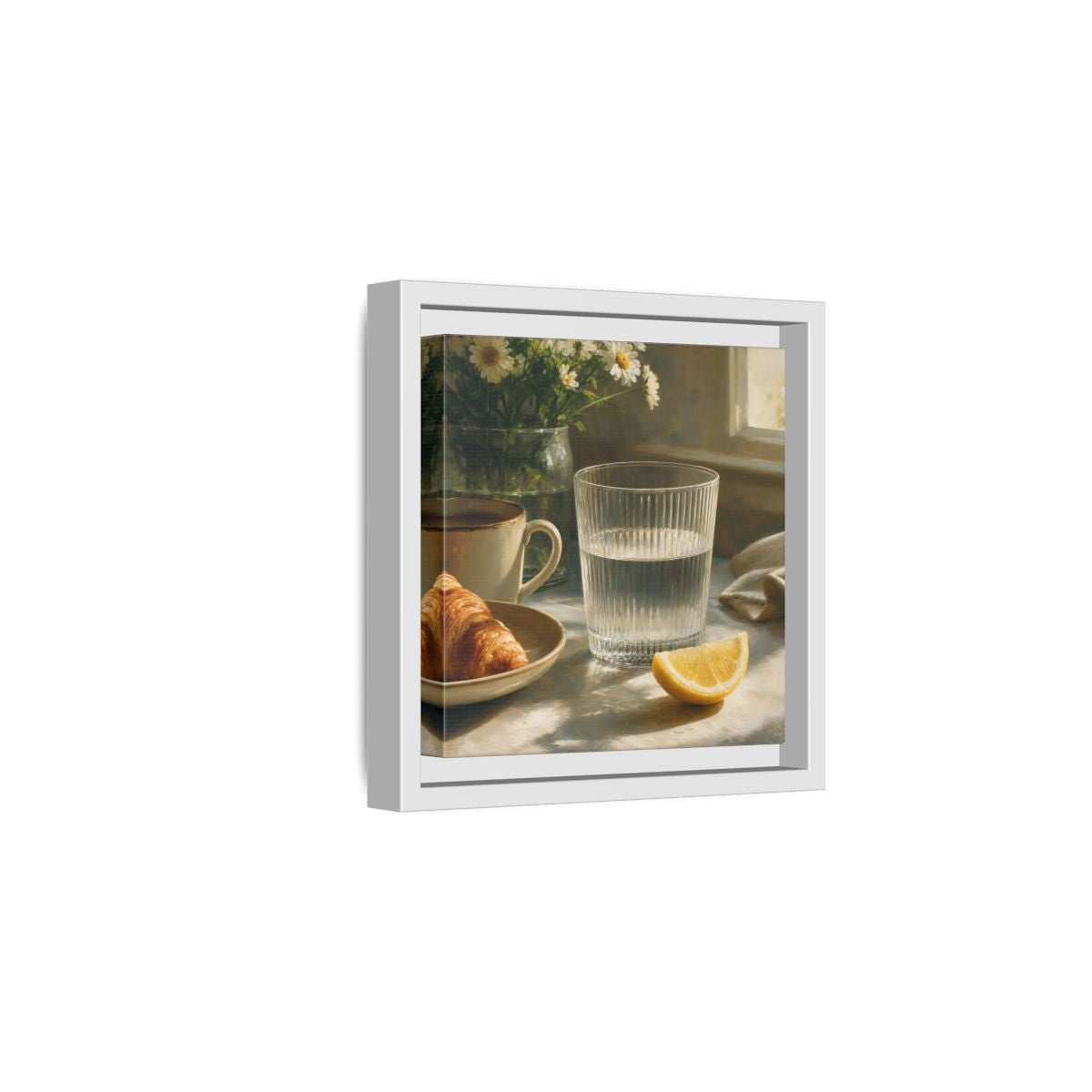 Side Mockup 1. Floral Breakfast Morning Still Life shown as stretched canvas wall art