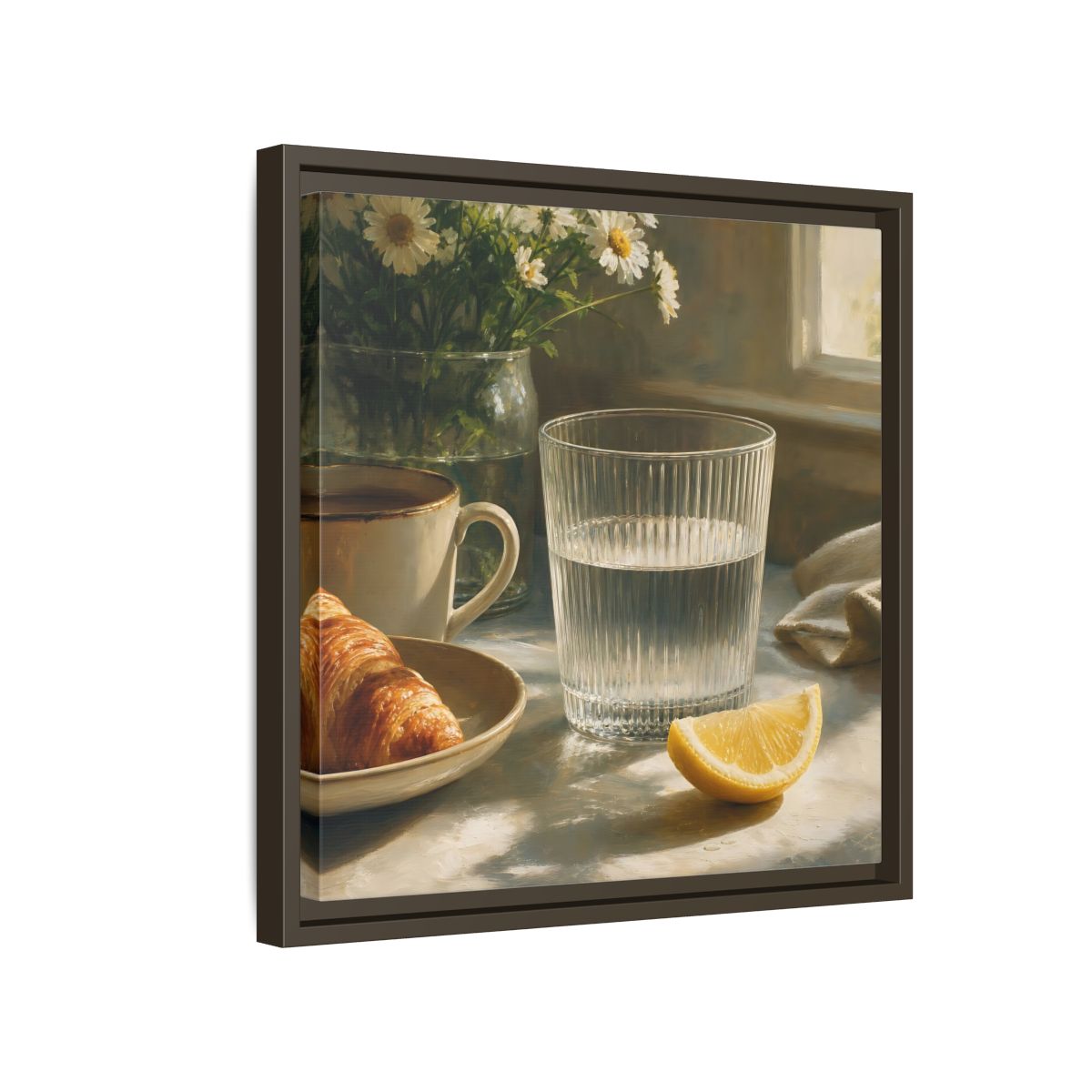 Side Mockup 14. Floral Breakfast Morning Still Life shown as stretched canvas wall art
