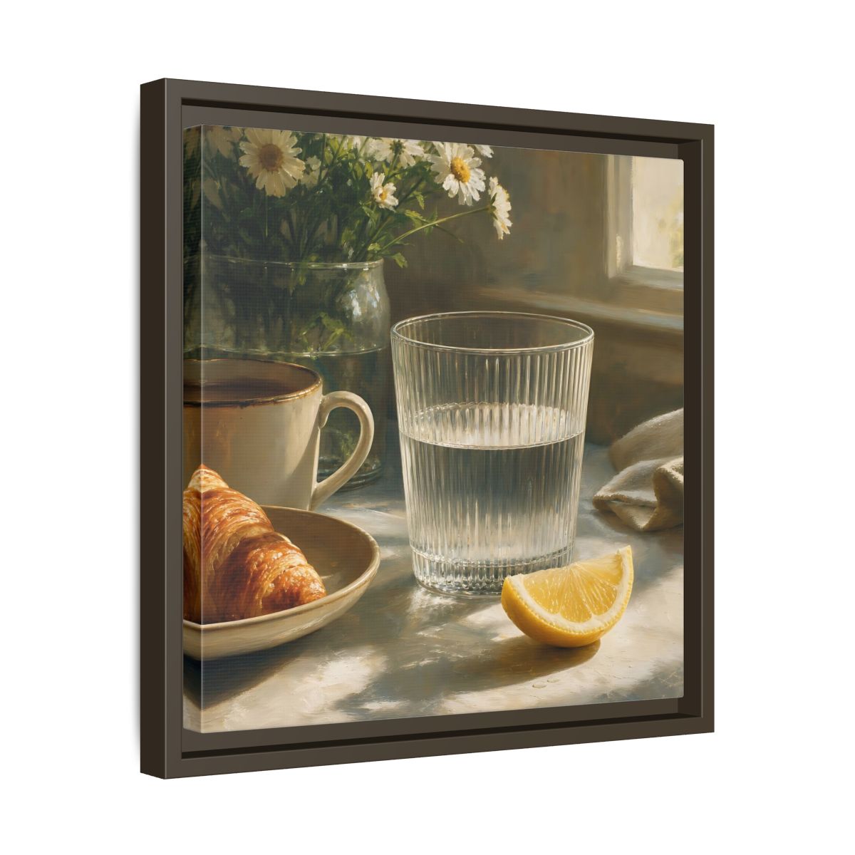 Side Mockup 29. Floral Breakfast Morning Still Life shown as stretched canvas wall art