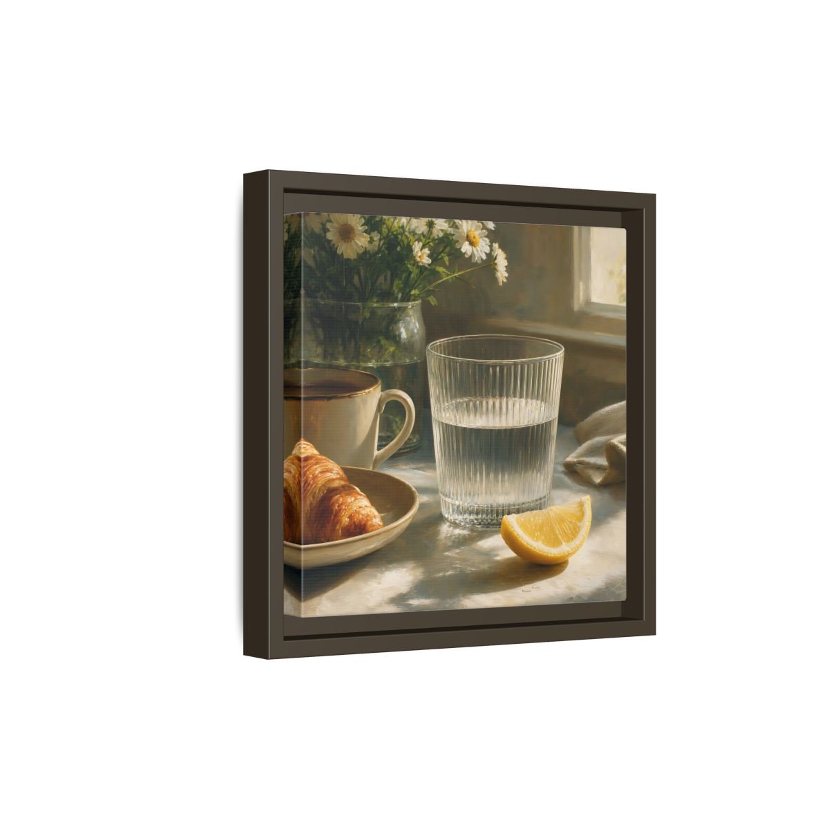 Side Mockup 20. Floral Breakfast Morning Still Life shown as stretched canvas wall art