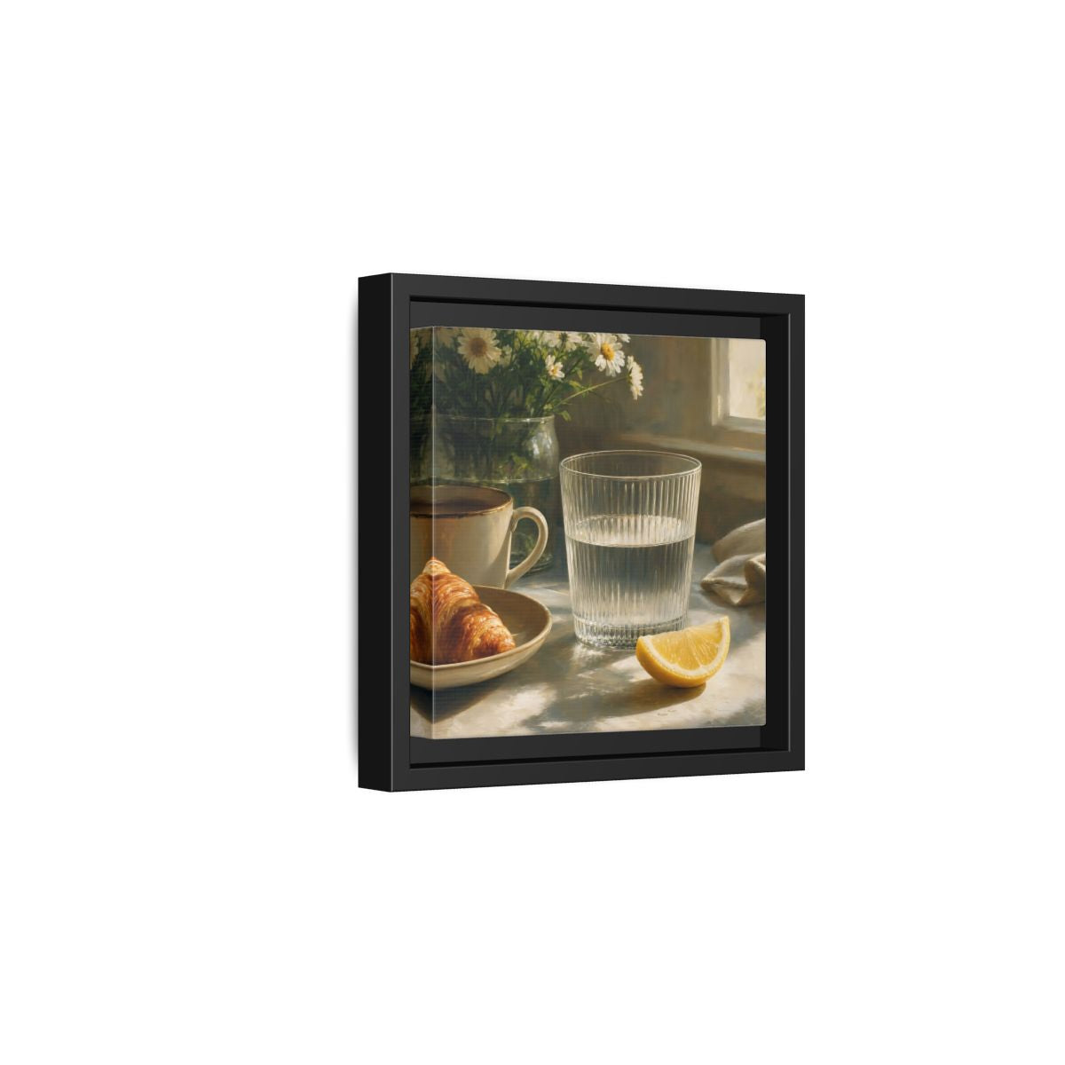 Side Mockup 3. Floral Breakfast Morning Still Life shown as stretched canvas wall art