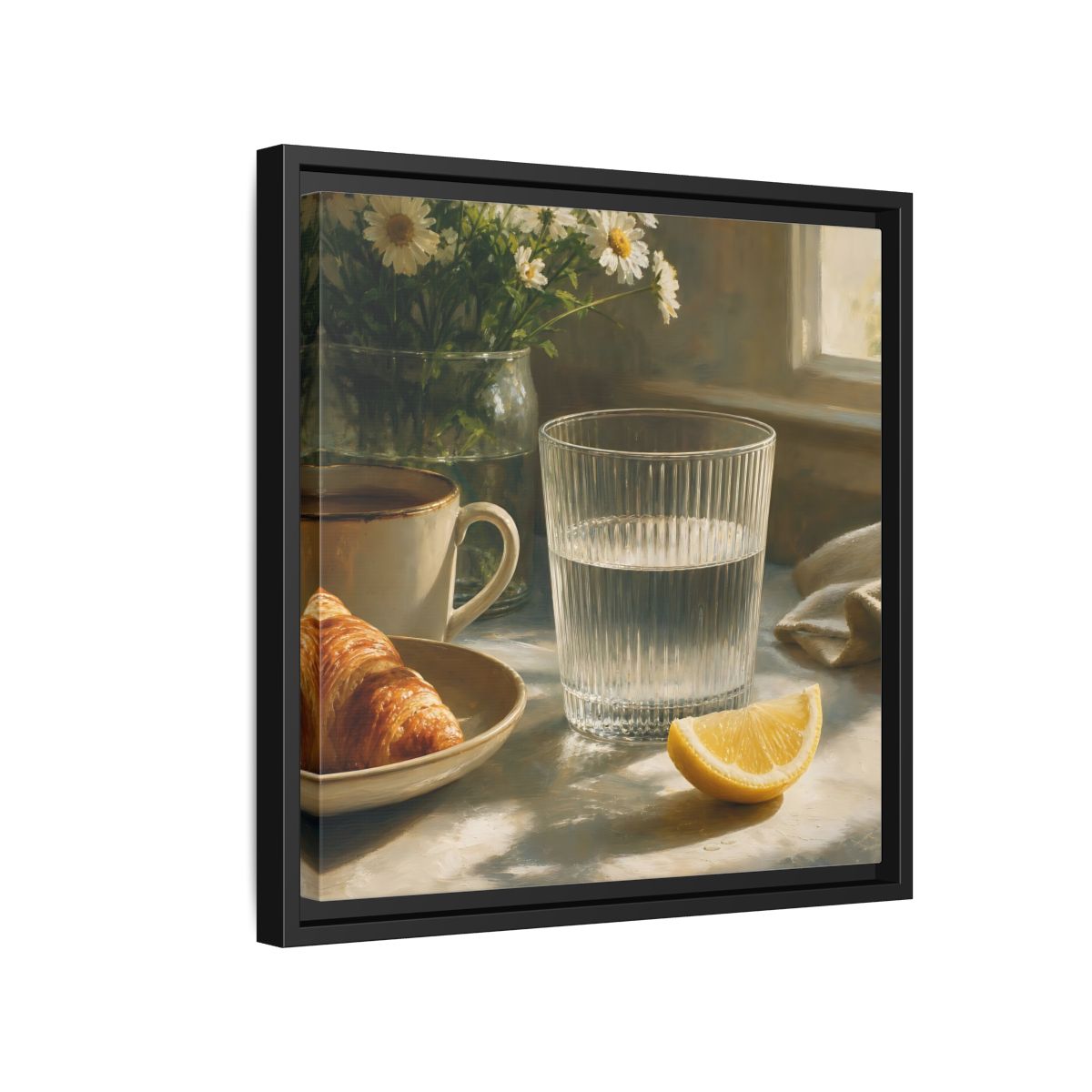 Side Mockup 15. Floral Breakfast Morning Still Life shown as stretched canvas wall art