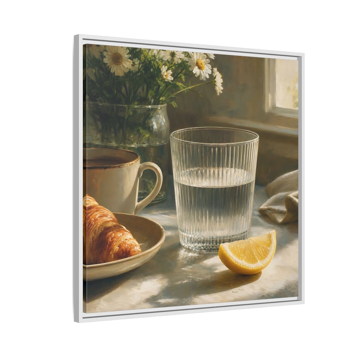 Side Mockup 7. Floral Breakfast Morning Still Life shown as stretched canvas wall art