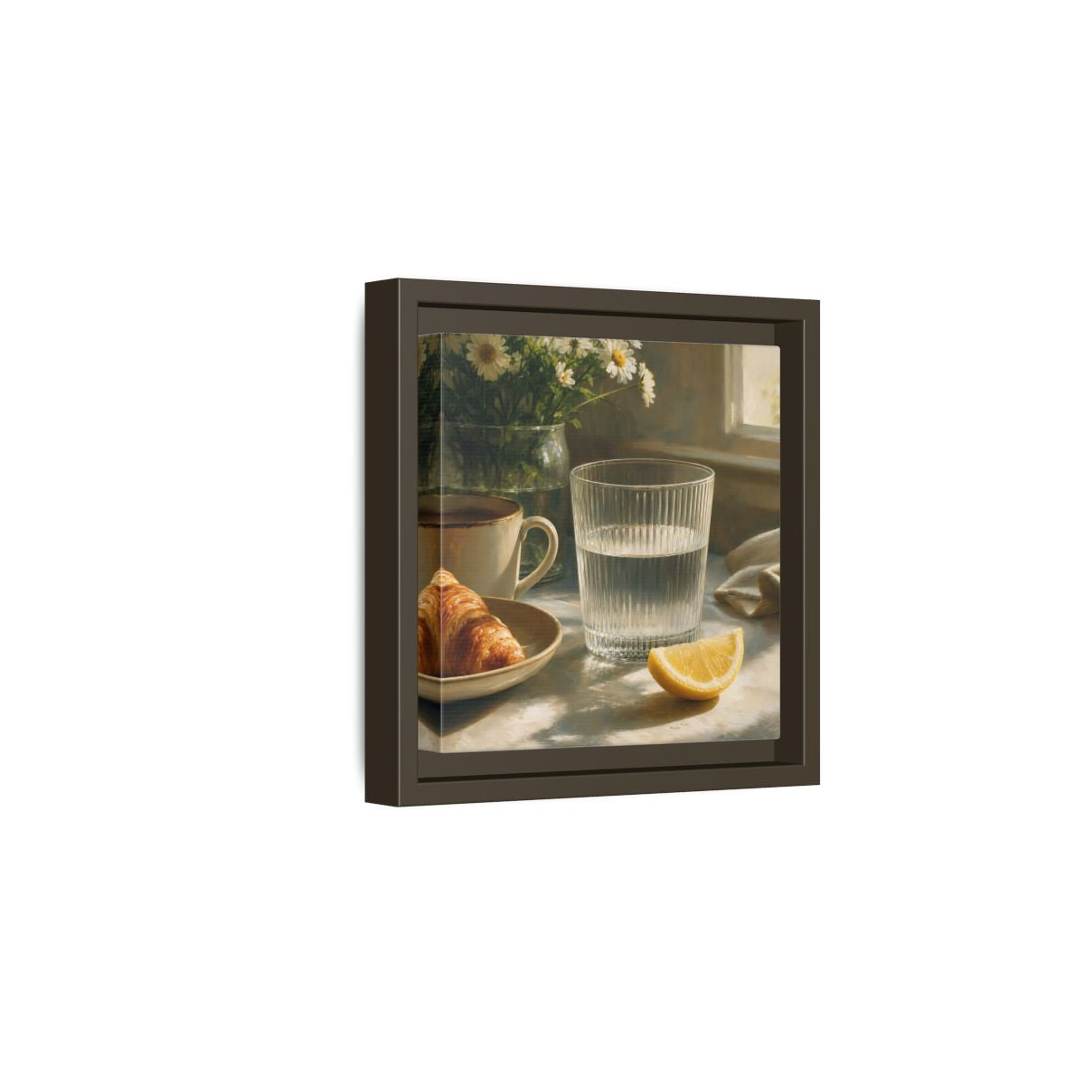 Side Mockup 2. Floral Breakfast Morning Still Life shown as stretched canvas wall art