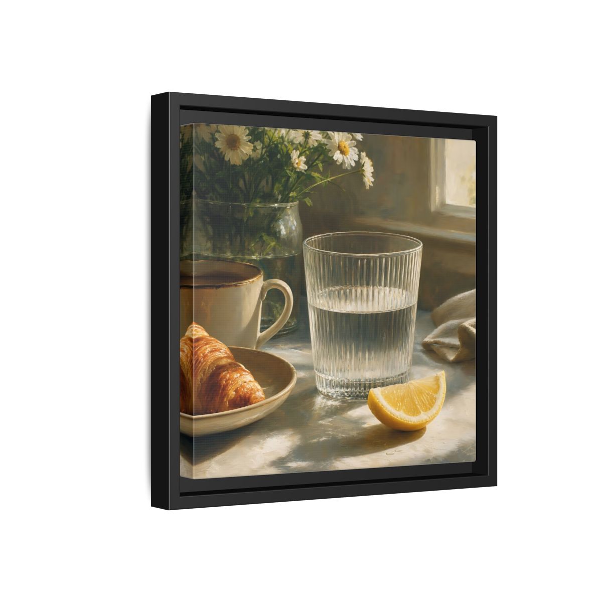 Side Mockup 18. Floral Breakfast Morning Still Life shown as stretched canvas wall art