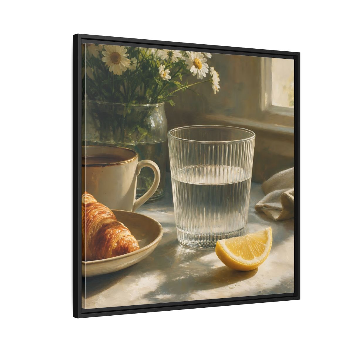 Side Mockup 9. Floral Breakfast Morning Still Life shown as stretched canvas wall art