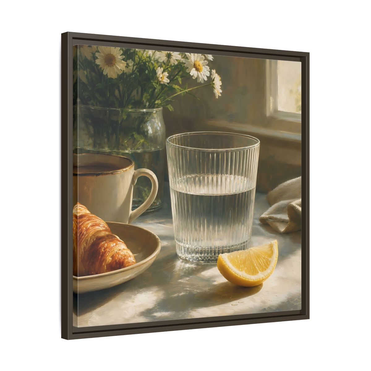 Side Mockup 27. Floral Breakfast Morning Still Life shown as stretched canvas wall art