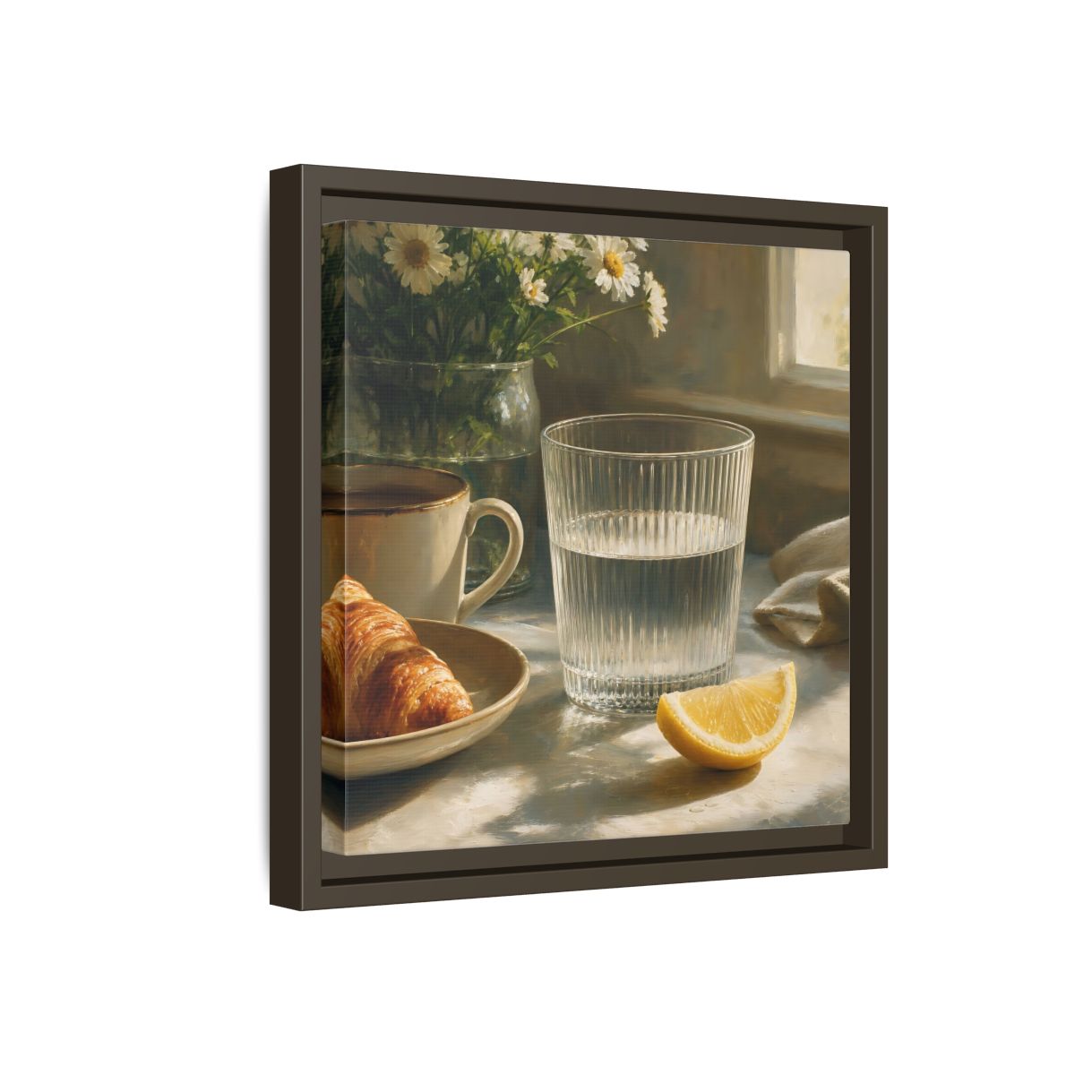 Side Mockup 17. Floral Breakfast Morning Still Life shown as stretched canvas wall art