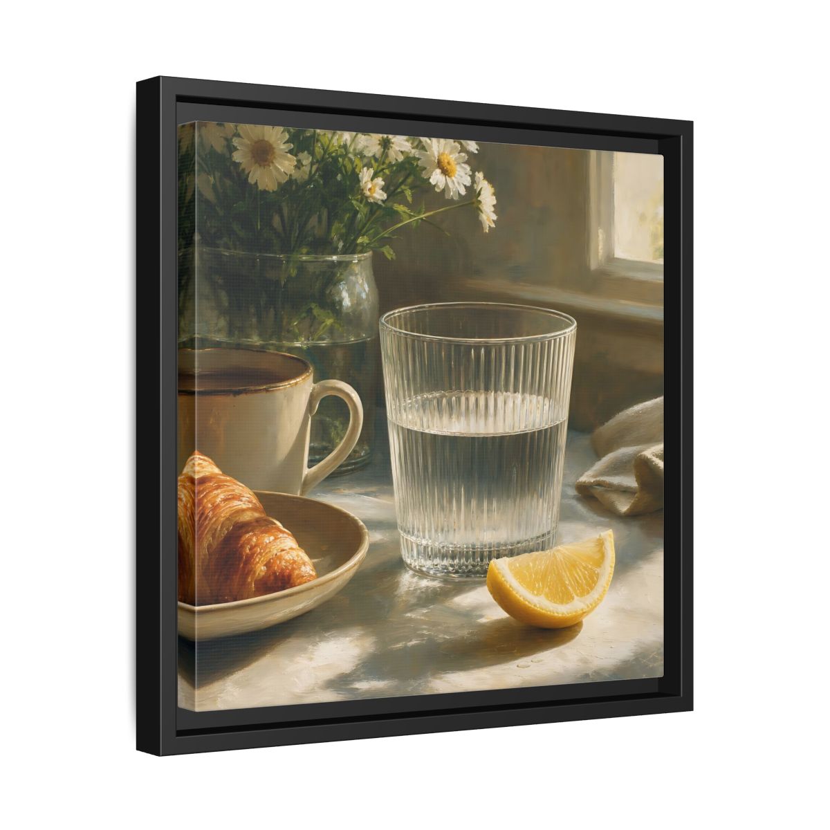 Side Mockup 32. Floral Breakfast Morning Still Life shown as stretched canvas wall art