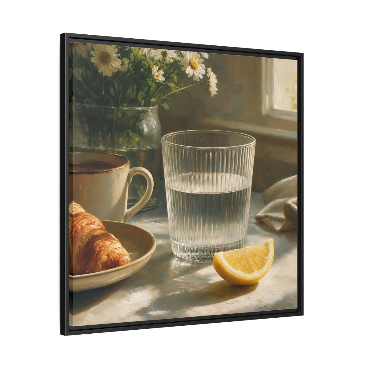 Side Mockup 30. Floral Breakfast Morning Still Life shown as stretched canvas wall art