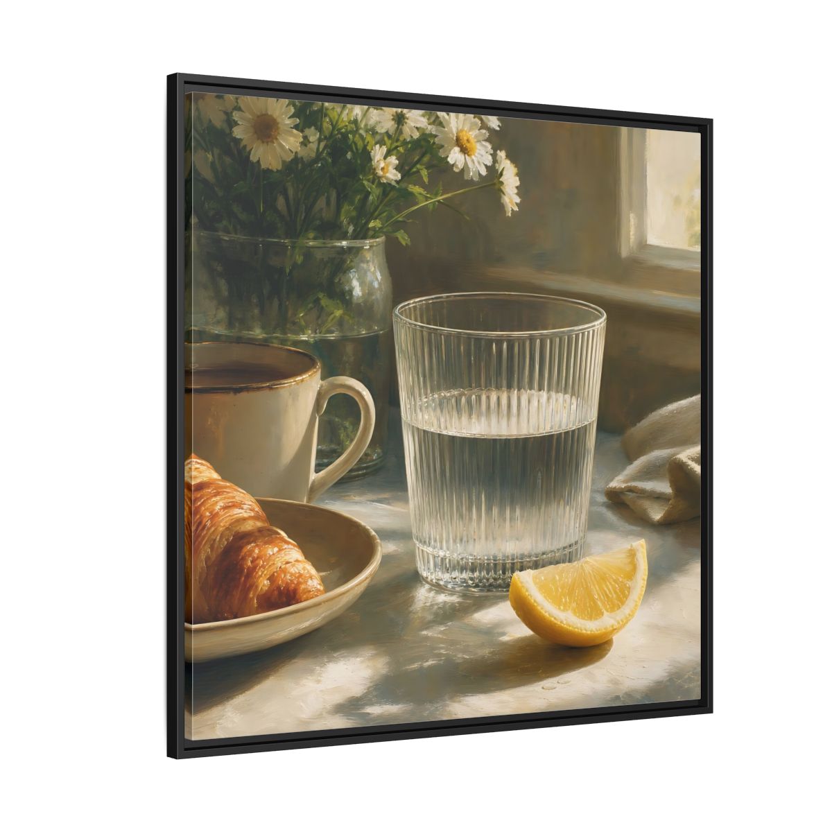 Side Mockup 6. Floral Breakfast Morning Still Life shown as stretched canvas wall art