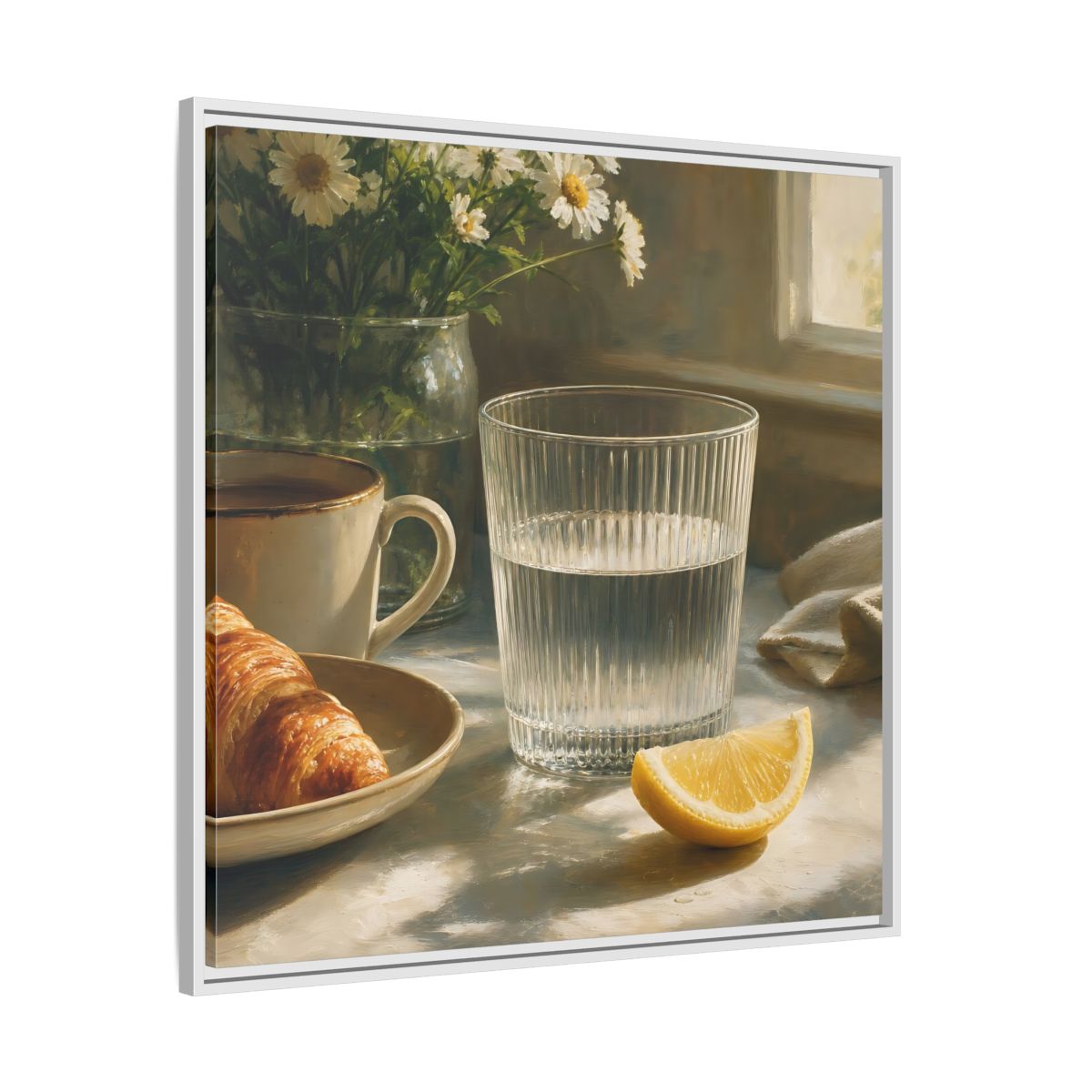 Side Mockup 25. Floral Breakfast Morning Still Life shown as stretched canvas wall art