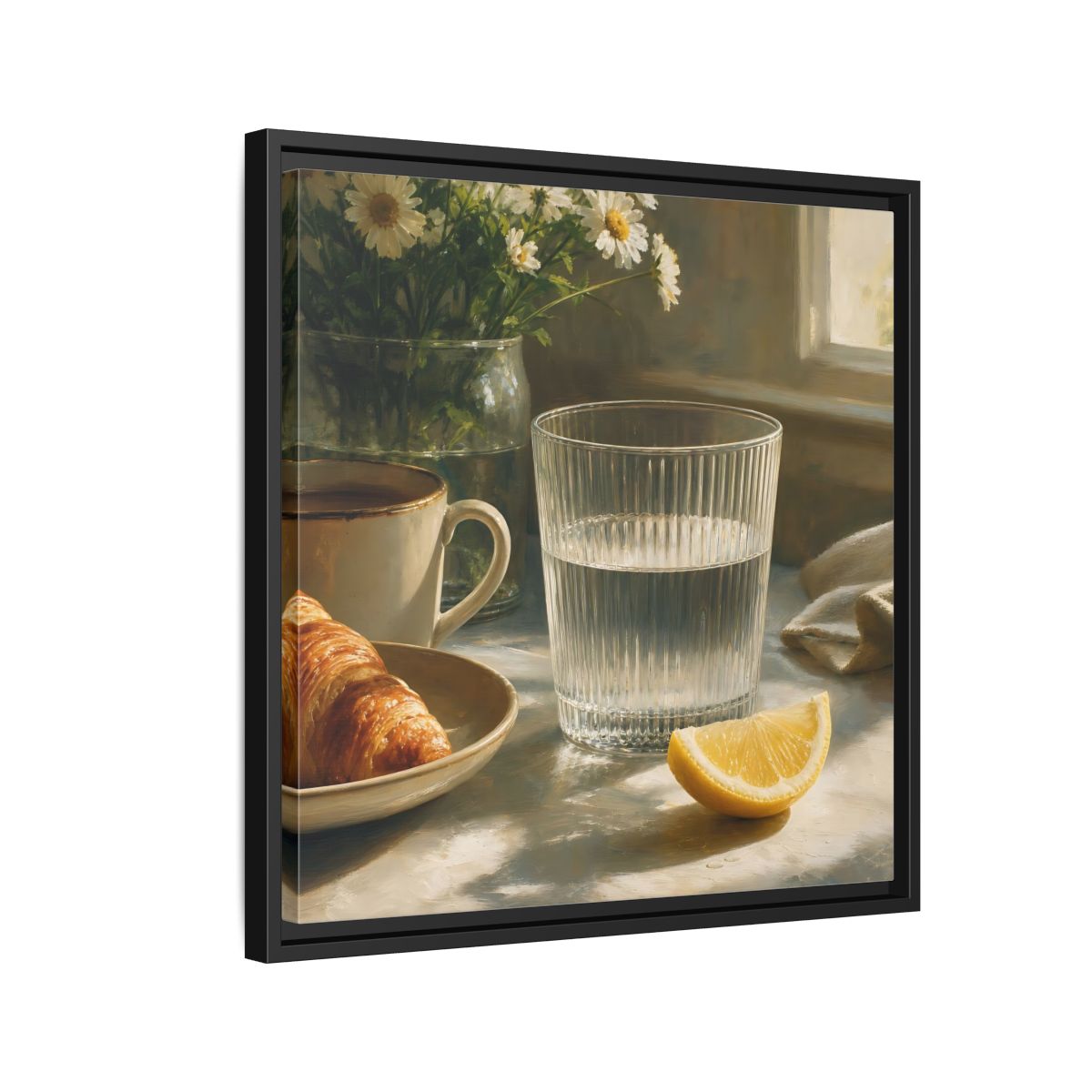 Side Mockup 12. Floral Breakfast Morning Still Life shown as stretched canvas wall art