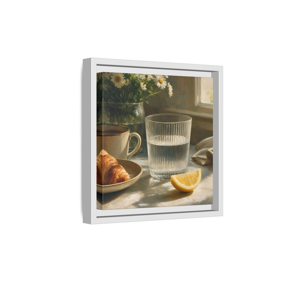 Side Mockup 19. Floral Breakfast Morning Still Life shown as stretched canvas wall art
