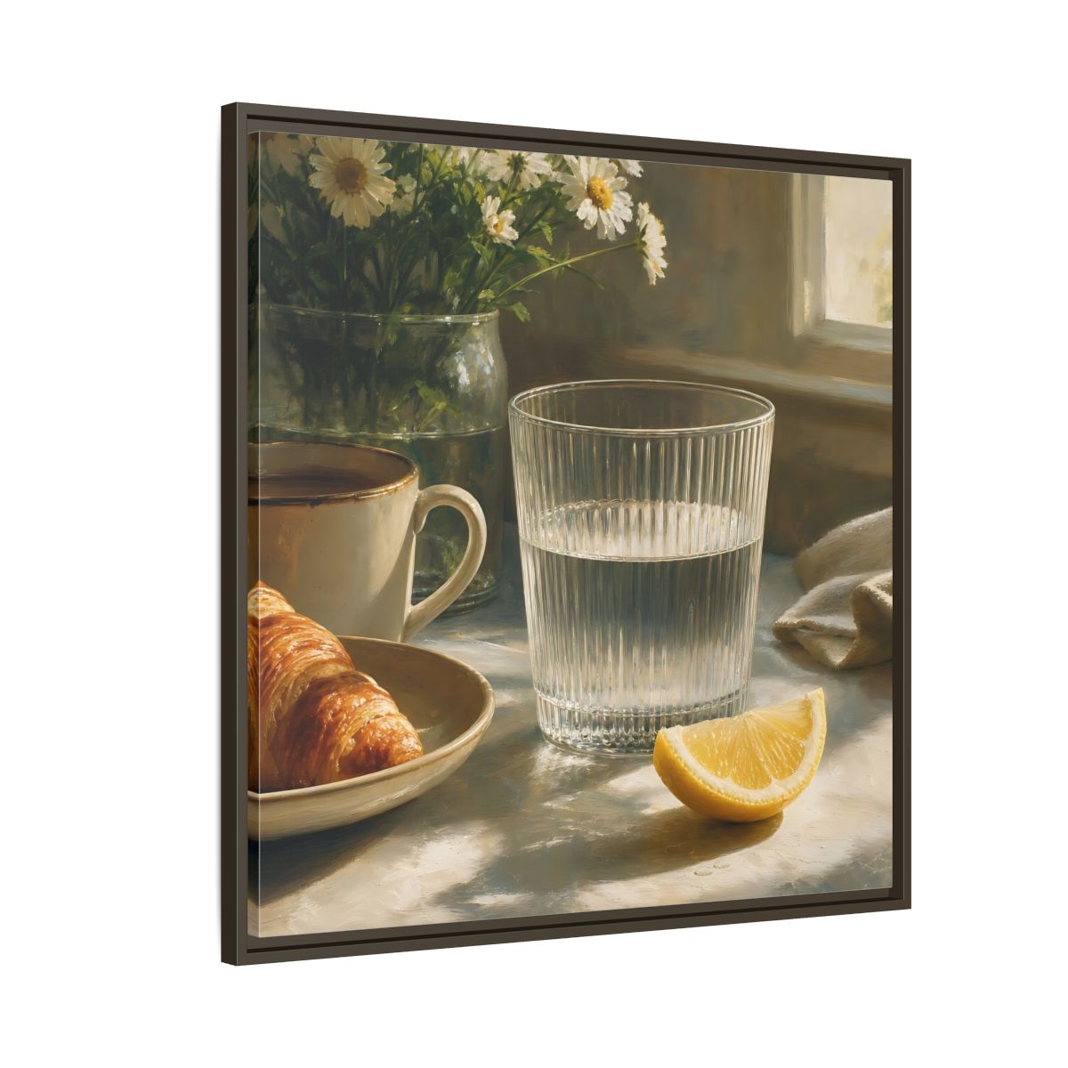 Side Mockup 8. Floral Breakfast Morning Still Life shown as stretched canvas wall art