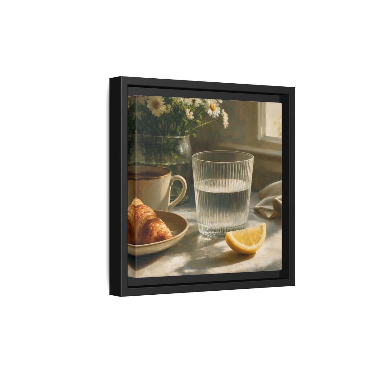 Side Mockup 21. Floral Breakfast Morning Still Life shown as stretched canvas wall art