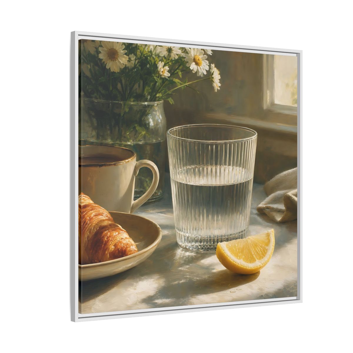 Side Mockup 4. Floral Breakfast Morning Still Life shown as stretched canvas wall art