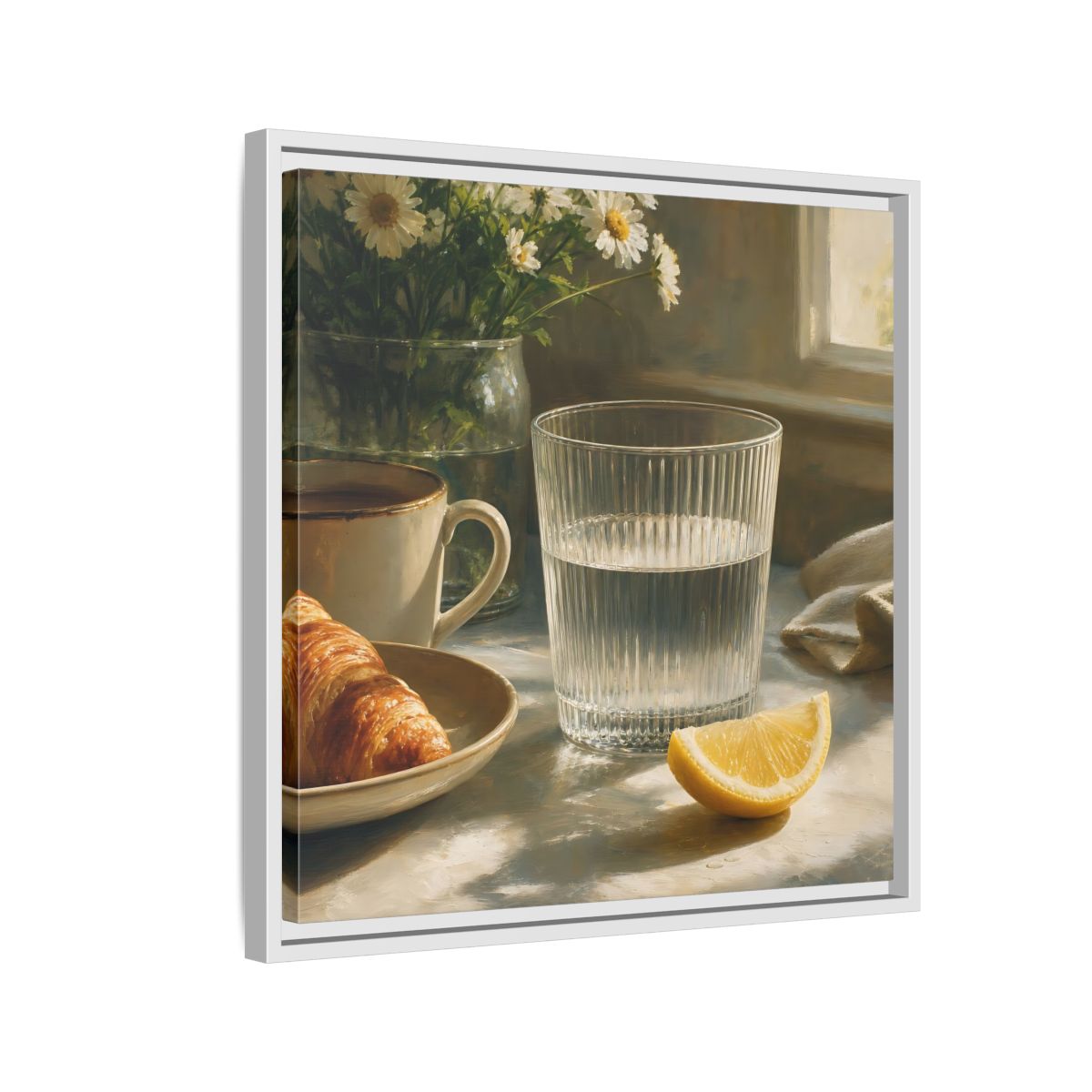 Side Mockup 10. Floral Breakfast Morning Still Life shown as stretched canvas wall art
