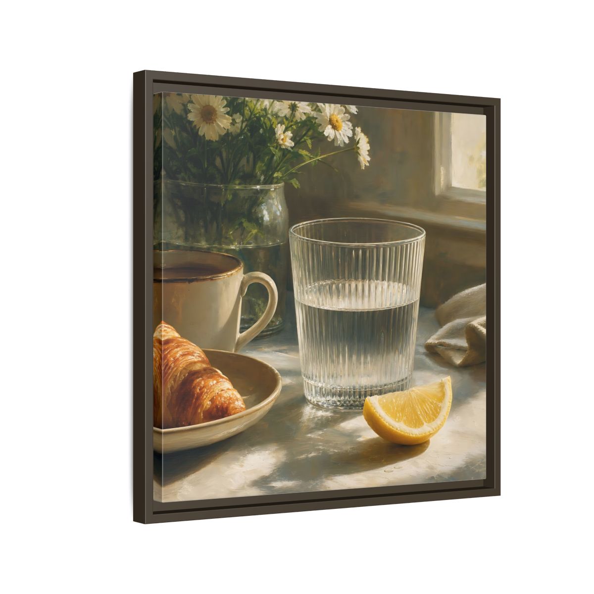 Side Mockup 11. Floral Breakfast Morning Still Life shown as stretched canvas wall art
