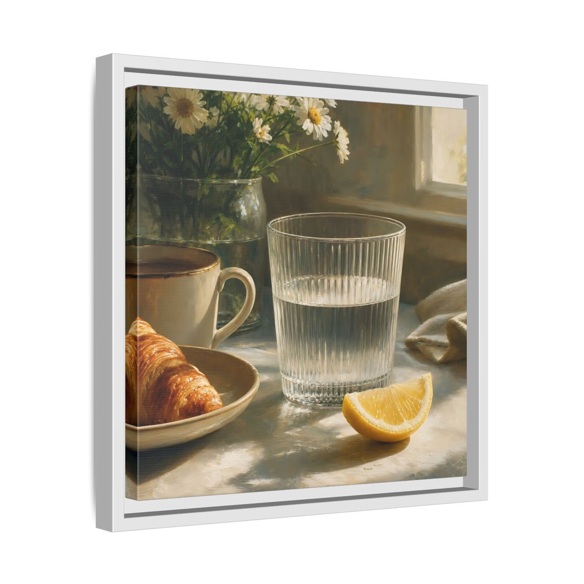 Side Mockup 28. Floral Breakfast Morning Still Life shown as stretched canvas wall art