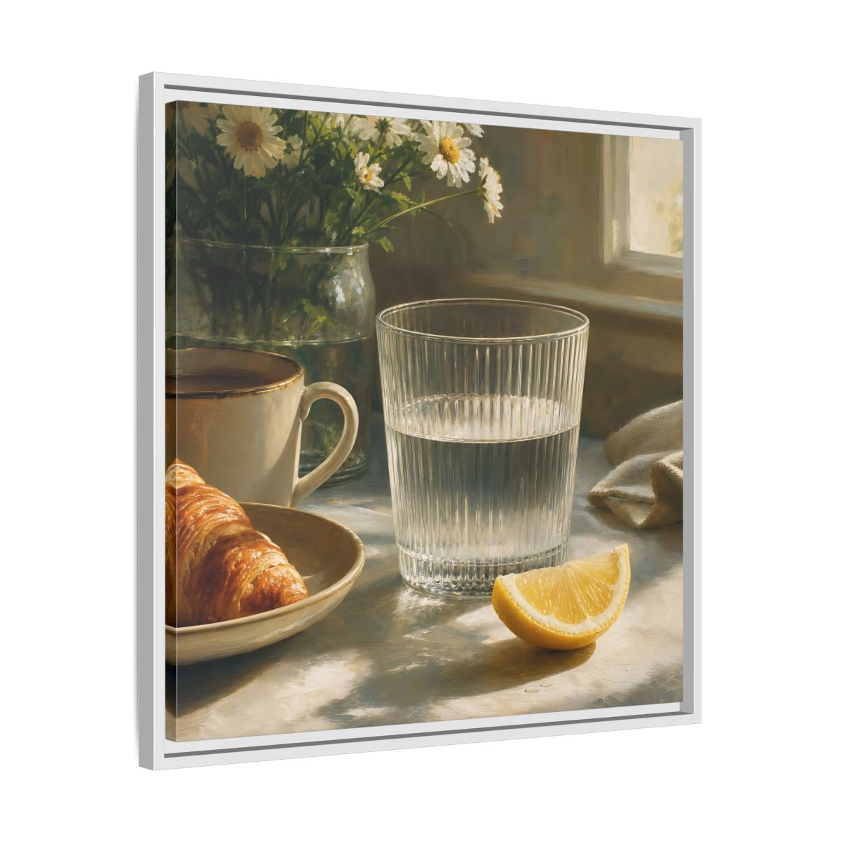 Side Mockup 26. Floral Breakfast Morning Still Life shown as stretched canvas wall art