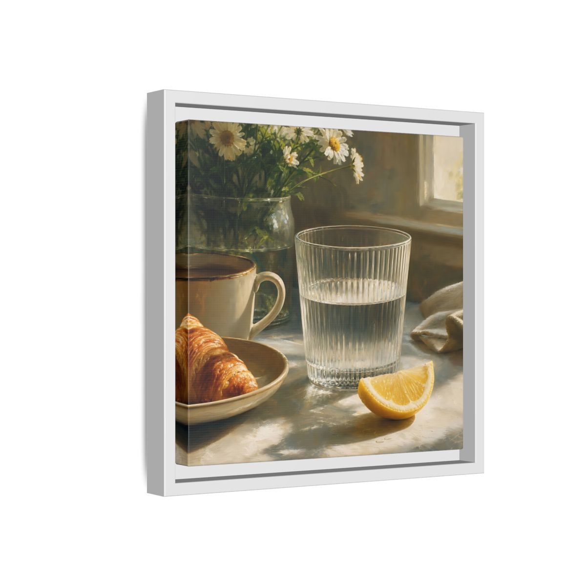 Side Mockup 16. Floral Breakfast Morning Still Life shown as stretched canvas wall art