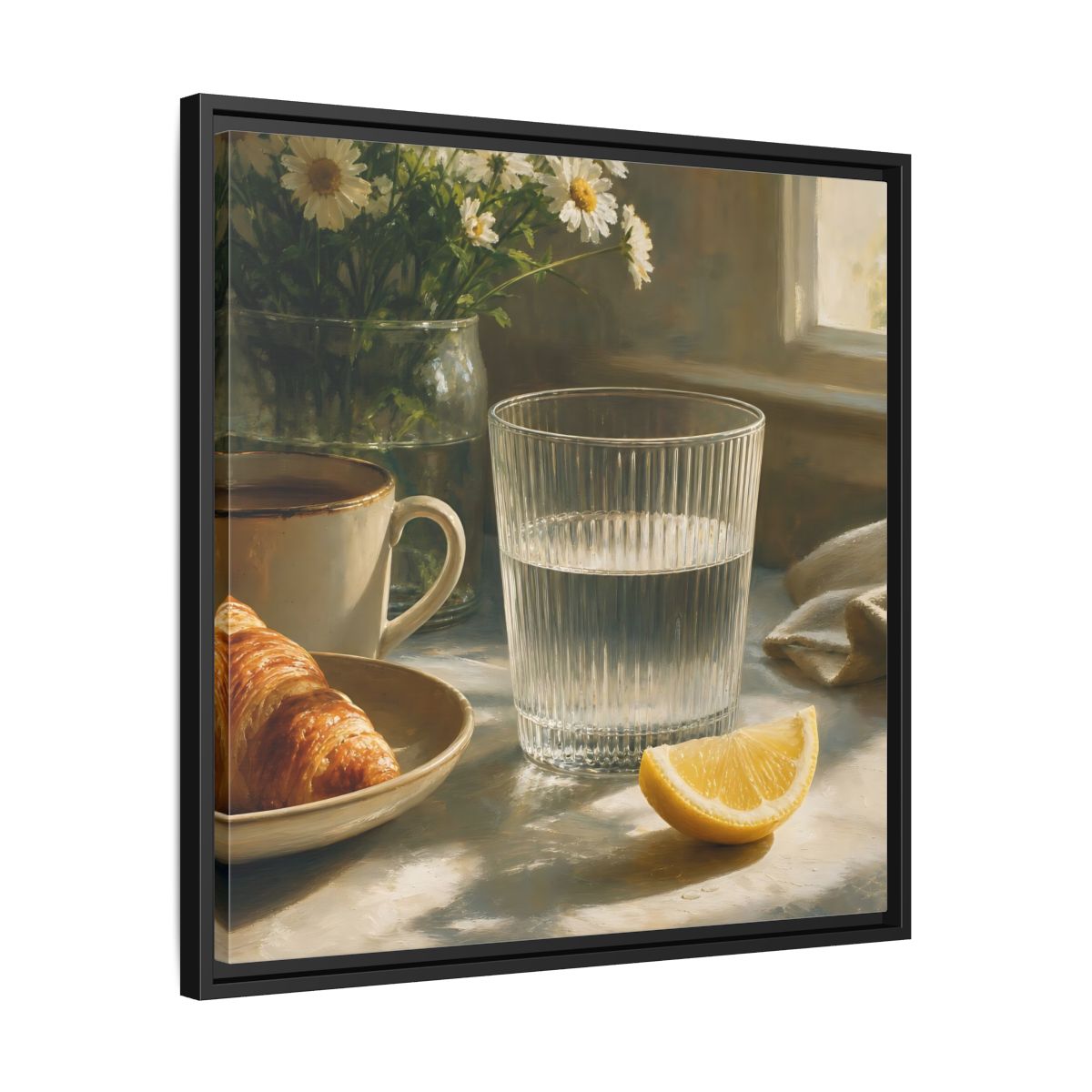 Side Mockup 31. Floral Breakfast Morning Still Life shown as stretched canvas wall art