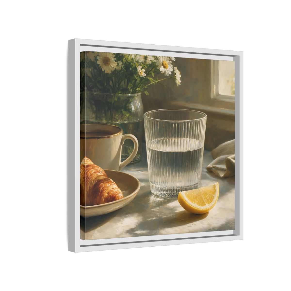 Side Mockup 13. Floral Breakfast Morning Still Life shown as stretched canvas wall art