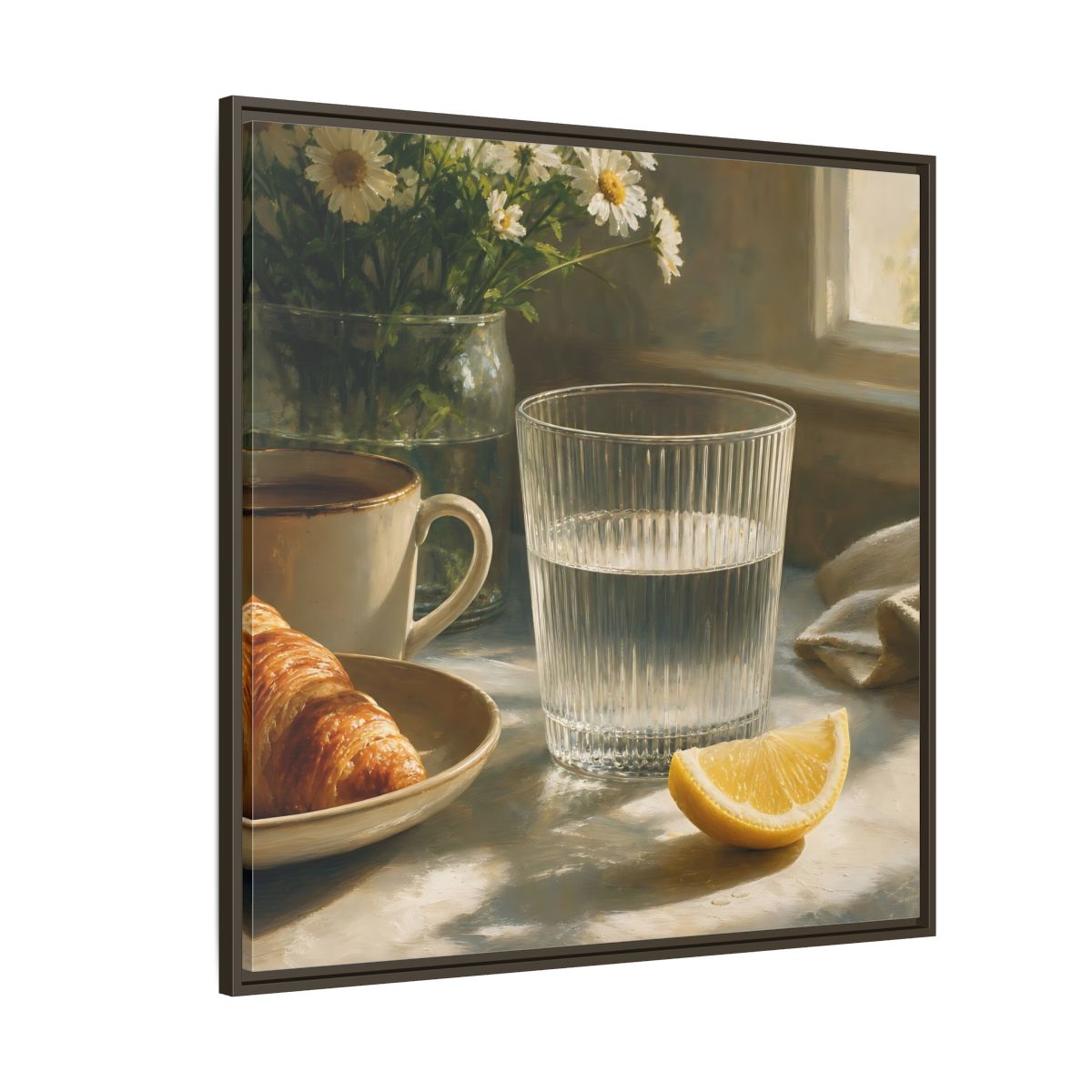Side Mockup 5. Floral Breakfast Morning Still Life shown as stretched canvas wall art