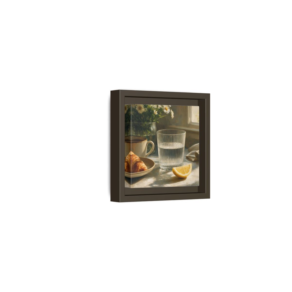 Side Mockup 23. Floral Breakfast Morning Still Life shown as stretched canvas wall art